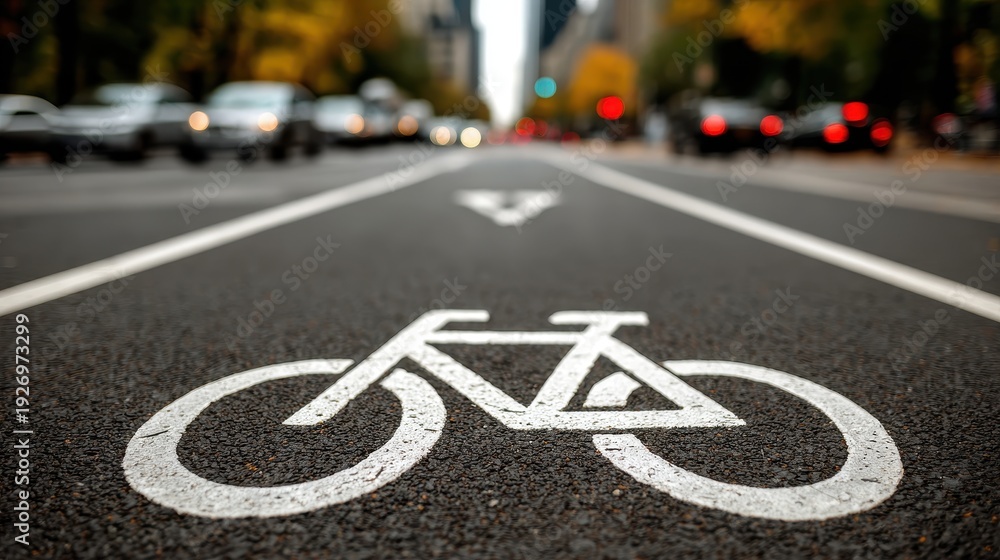 Obraz premium White bicycle symbol on an asphalt city road with blurred traffic in the background