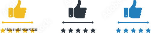 Three thumbs up with star ratings in yellow dark blue and blue