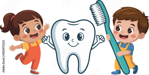 A cartoon illustration of dental hygiene with a large white tooth character in the center wearing a happy blue smiley face expression and raised arms.