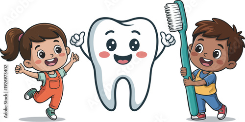 A cartoon illustration of dental hygiene with a large white tooth character in the center wearing a happy blue smiley face expression and raised arms.