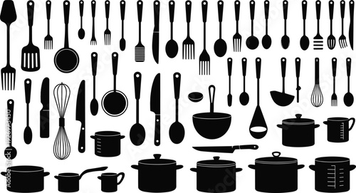 Kitchen utensils and cookware silhouettes collection including pots pans knives spoons forks and ladles isolated on white background vector illustration set
