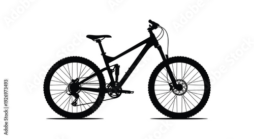 A stark black silhouette of a modern mountain bike stands prominently against a plain white background silhouette high quality professional detailed