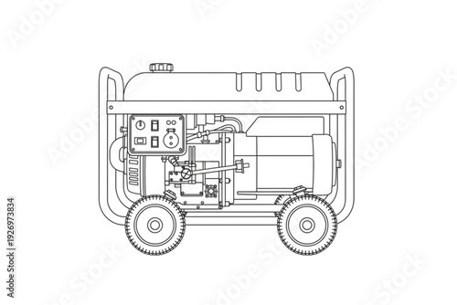 Generator Machinery Illustration: A detailed line drawing of a generator, showcasing its intricate mechanical components and design
