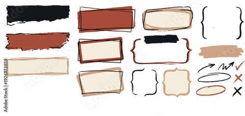 Crayon drawn text box collection. Rectangle and round shapes with pencil sketch texture. Vector ink illustration. Grunge crayon outline text boxes for notes. Hand drawn texture doodle shapes.