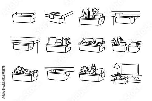 Accessory bin storage clutter vector silhouette solution icon modern clean outline option