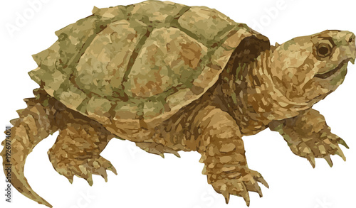 Vector watercolor realistic illustration of a common snapping turtle