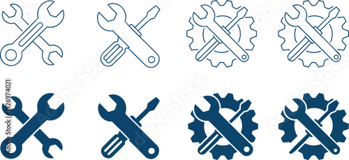 Set of dark blue mechanical tools on white background