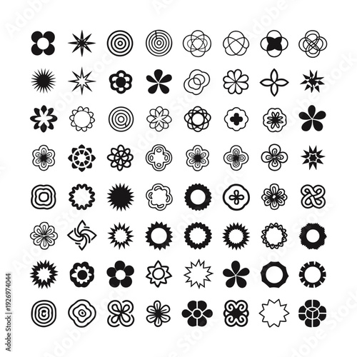 Extensive collection of sixty-four black and white abstract geometric floral and starburst shapes and Keywords: abstract, shape