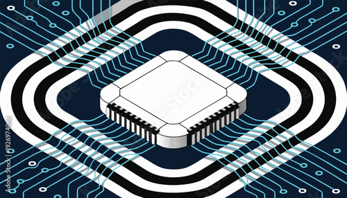 Stylized isometric of a central white computer chip surrounded by concentric blue and black circuit board lines Keywords