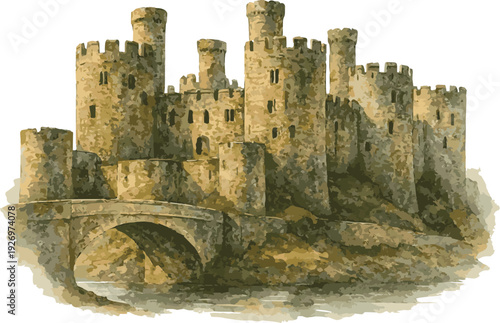 Vector watercolor illustration of Conwy castle