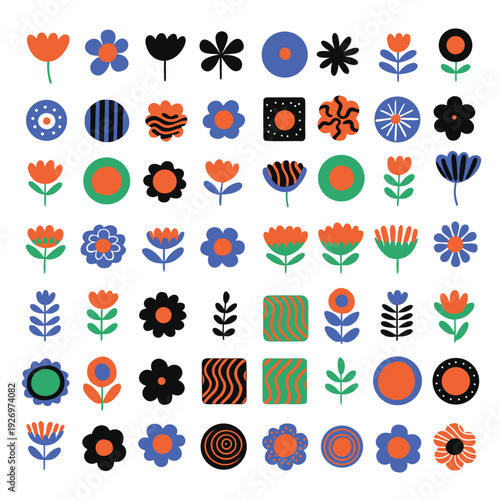Vibrant collection of fifty-four colorful abstract floral and geometric shapes in orange blue green and black on white Keywords