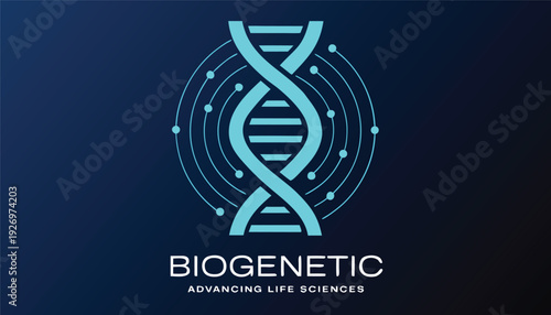 Futuristic DNA helix with connecting dots and lines on a dark blue gradient background representing biotechnology Keywords: DN