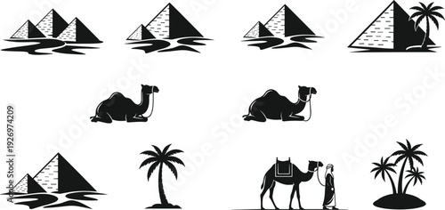 Black and white of pyramids, camels, and palm trees in a desert setting
