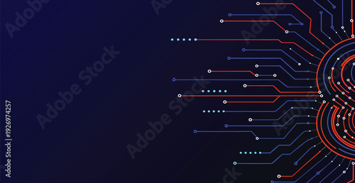 Abstract digital circuit board pattern with orange and blue lines on dark blue background Keywords: abstract, technology