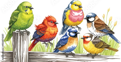 Colorful birds perch on a wooden fence in a serene natural setting together peacefully