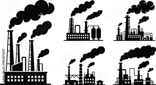 Industrial factory silhouette vector icons isolated on white background symbol of manufacturing plant pollution and energy production