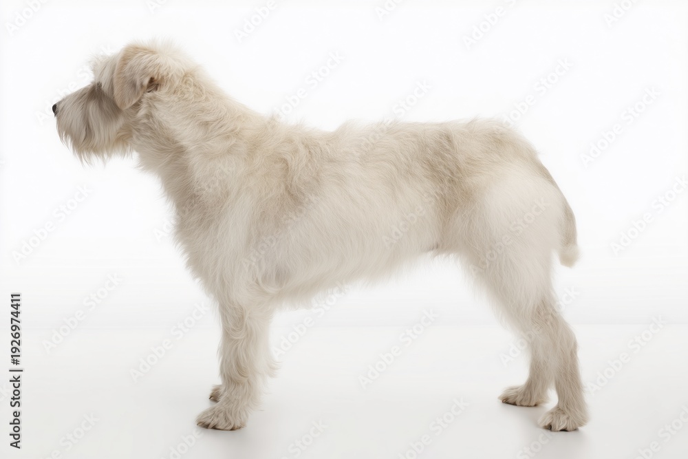 Fototapeta premium Glen of Imaal Terrier dog, full body visible, dog standing naturally, low sturdy posture, dog facing the camera, pure white background, seamless studio backdrop