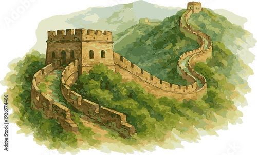 Vector watercolor illustration of Chinese great wall
