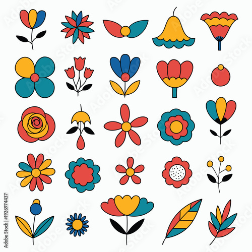 Assortment of colorful retro-inspired flowers and leaves with thick black outlines on a white background Keywords: flowers