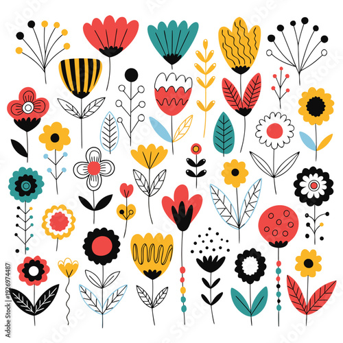 Collection of stylized hand-drawn flowers and botanical in vibrant colors Keywords: flowers, floral, botanical, nature, plants