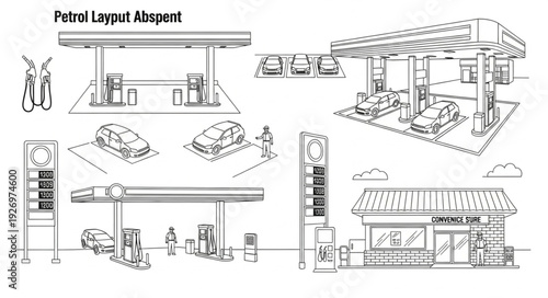 Gas station layout design with various perspectives and architectural elements.