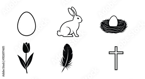 Simple black and white line art icons depict a rabbit, egg, nest, flower, feather, and cross.