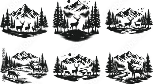 Majestic Deer in Mountain Forest Landscape Silhouette Vector Illustration