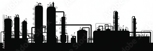 Silhouette of industrial chemical plant with tall cylindrical tanks and interconnected piping against a white background