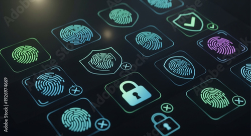 Fingerprint security system on a digital screen, biometric authentication concept.