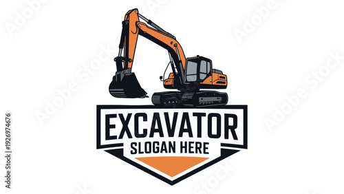 Orange excavator with customizable slogan banner for branding and promotion