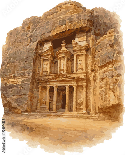 Vector watercolor illustration of Petra, Jordan