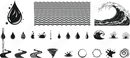 Collection of black and white droplet and wave graphics