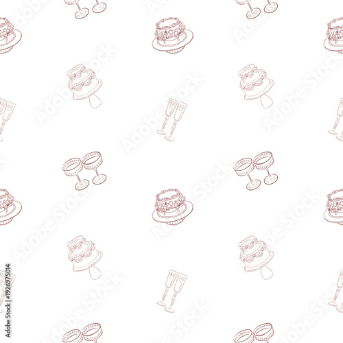 Seamless wedding line art pattern with bridal dresses and celebration attributes