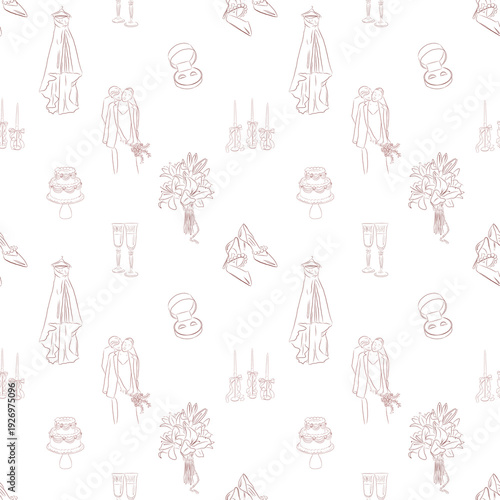 Seamless wedding line art pattern with bridal dresses and celebration attributes