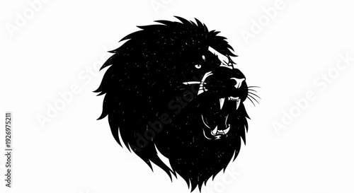 Black lion head with roaring mouth and sharp fangs, detailed mane