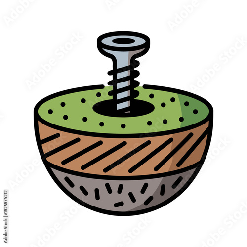 A cartoon illustration of a cheese grater with a screw on top and a green and brown design