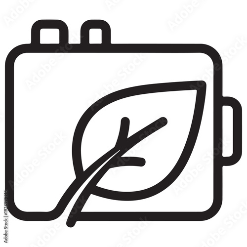 Eco-friendly battery icon with a leaf symbol representing sustainable energy storage and green power solutions in a minimalist black line art style for clean technology concepts.