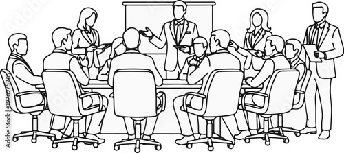 Business professionals in a meeting, discussing ideas around a table