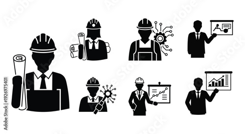 A collection of black silhouettes depicting various professionals in engineering construction and business settings silhouette high quality professional detailed modern elegant