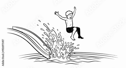 Joyful child splashes into water from a slide