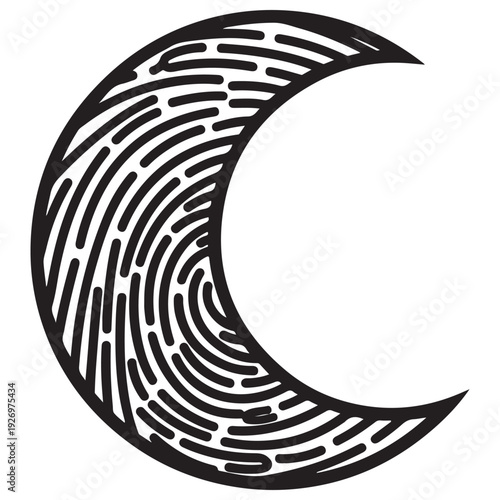Minimalist black and white crescent moon icon with an intricate fingerprint line pattern inside, isolated on white, symbolizing celestial identity, nocturnal mystery, and modern art.