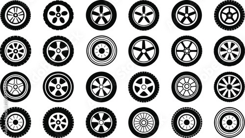 Twenty four different alloy rim and rubber tire silhouettes for automotive design elements wheel icon set for vehicle maintenance industry