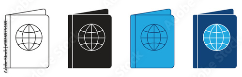 Passport Globe icon set. Travel foreign passport document  sign. National citizenship identity international passport symbol isolated on white background. Vector illustration.