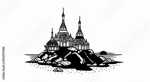 Ornate stupas rise above rocky shores and tranquil waters