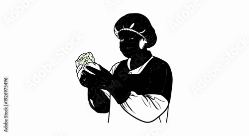 Person wearing protective gear holds a light green leafy plant