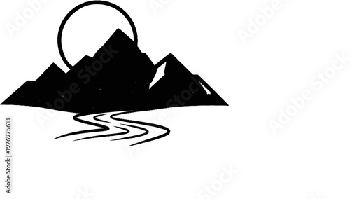Stylized black silhouette of mountains with a circle representing the sun and a winding river