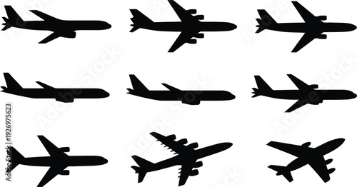 Airplane silhouette vector icons isolated on white background symbol of aviation travel transportation flight and commercial airlines