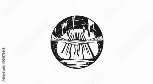 Stylized cave entrance with stalactites and light rays reflecting