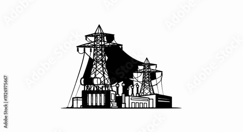 Stylized industrial scene with electrical towers and transformers