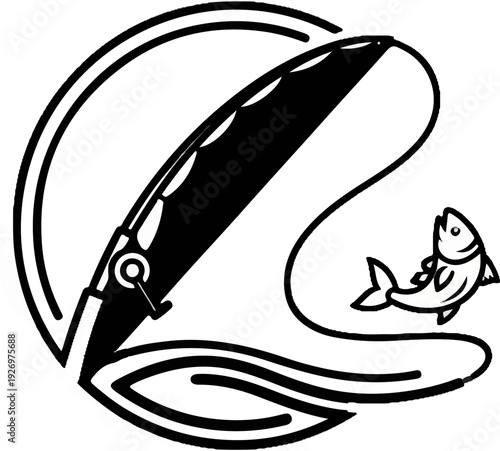 Stylized fishing rod reel with fish on line in circular frame